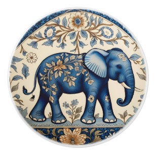 Bouton De Porte En Céramique Éléphant Orné Bleu Floral Vintage