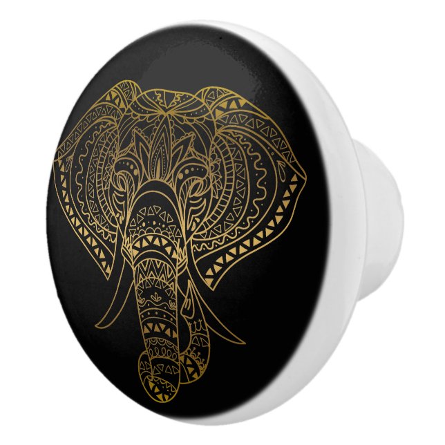 Bouton De Porte En Céramique Eléphant tribal d'or noir Boho (Droite)