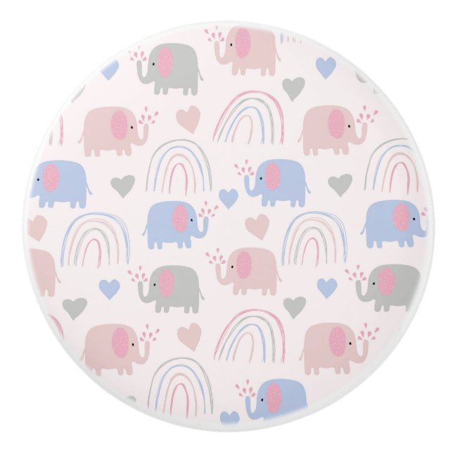 Bouton De Porte En Céramique Eléphants bleu rose Rainbows Baby Nursery (Devant)