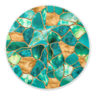 Bouton De Porte En Céramique Emerald Green et Gold cellules abstrait