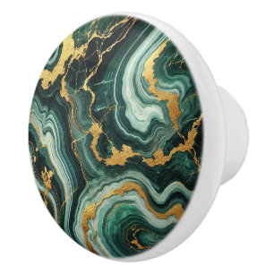 Bouton De Porte En Céramique Émeraude Vert & Or Marbre Look Glam
