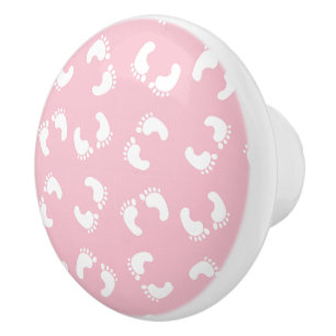 Bouton De Porte En Céramique Empreintes Bébé, Pied Bébé, Marches, Fille Rose