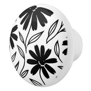 Bouton De Porte En Céramique Encre noire marguerites blanc bohème