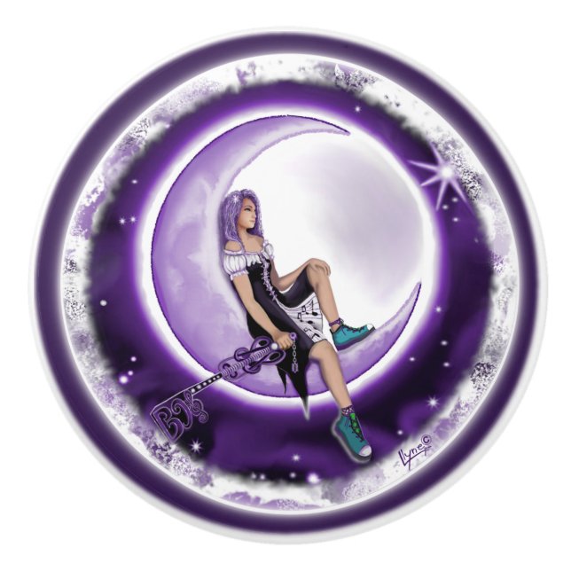 Bouton De Porte En Céramique Enfant mauve lune (Devant)