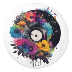 Bouton De Porte En Céramique Enregistrement en vinyle avec fleurs colorées