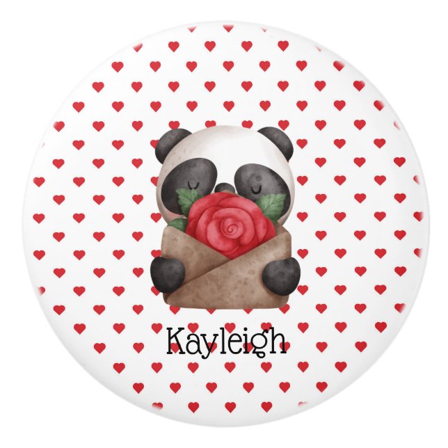 Bouton De Porte En Céramique Enveloppe De Tenue D'Ours Panda Avec Un Rose (Devant)