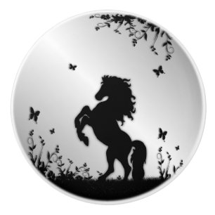 Bouton De Porte En Céramique Étalon noir cabré / Cheval sur argent