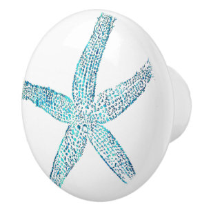Bouton De Porte En Céramique Etoile de mer Côtière Plage Bleu Sarcelle Blanc Na