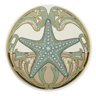 Bouton De Porte En Céramique Étoile de mer Crème verte et Or Art Déco Nouveau