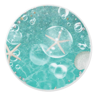Bouton De Porte En Céramique Étoile de mer enchantée sarcelle et bulles Océan P