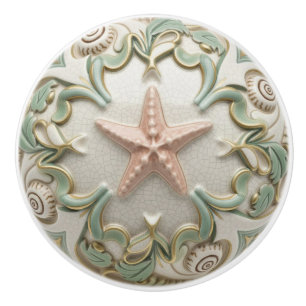 Bouton De Porte En Céramique Étoile de mer Faux Relief Crème Dorée et Verte