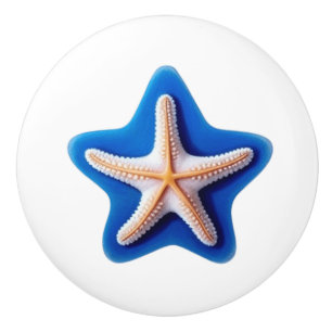 Bouton De Porte En Céramique Étoile de mer orange sur fond bleu