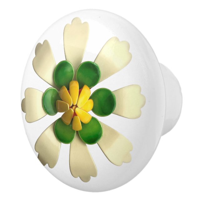 Bouton De Porte En Céramique Exotique Tropique Hippie Fleur Blanc Vert (Droite)
