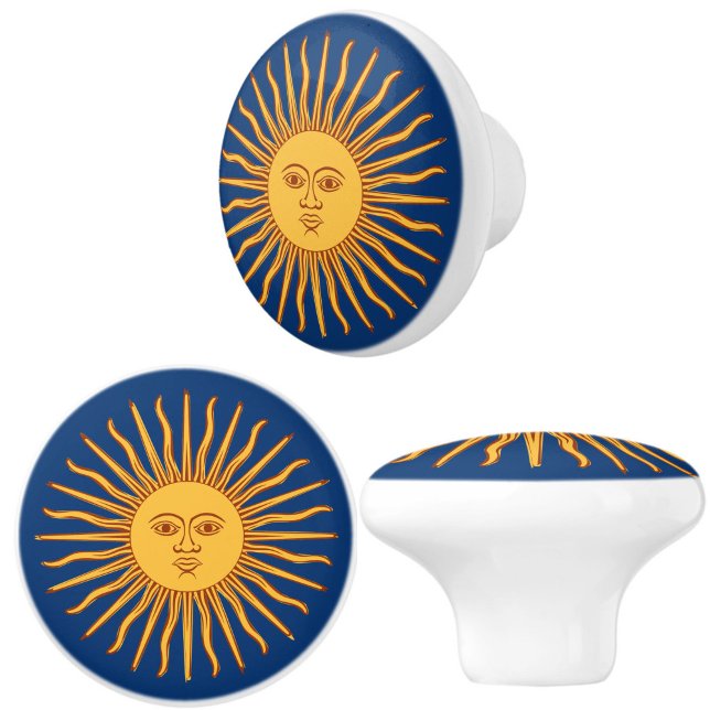 Bouton De Porte En Céramique Face de soleil jaune céleste sur bleu Élégant (Celestial sunburst ceramic furniture, cupboard or drawer pull knobs will add style and warmth!)