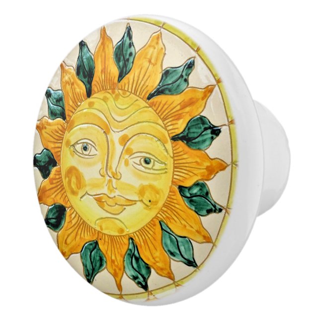 Bouton De Porte En Céramique Face Soleil avec Feuilles et rayons Joyeux soleil (Droite)