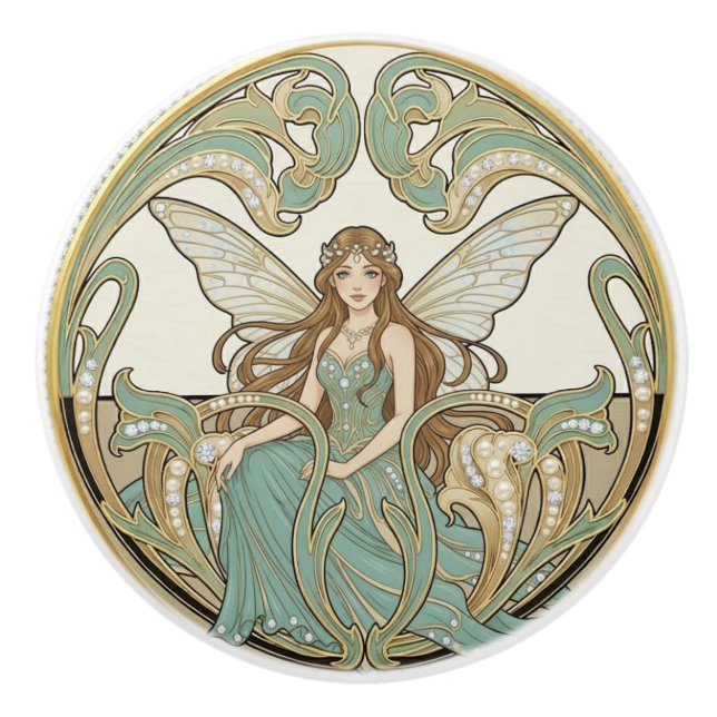Bouton De Porte En Céramique Fairy Sage Green & Gold Art Deco Nouveau (Devant)
