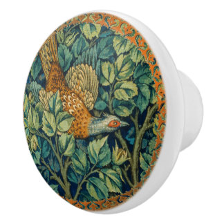 Bouton De Porte En Céramique Faisan de bois bleu vert feuilles Art nouveau