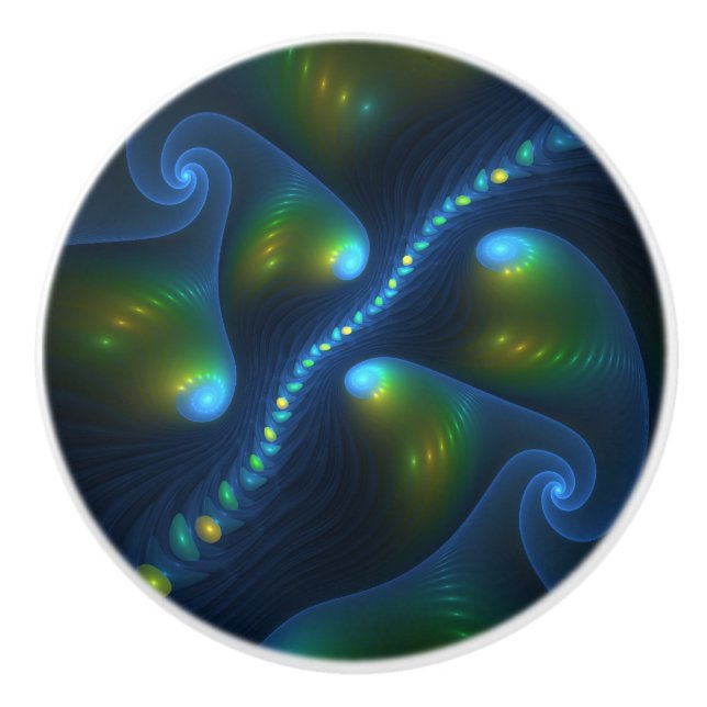 Bouton De Porte En Céramique Fantasy Lights Abstract Blue Green Yellow Fractal (Devant)