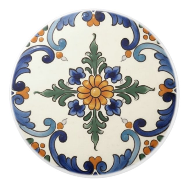 Bouton De Porte En Céramique Farmhouse Folk Flower Mediterranean Blue Orange (Devant)