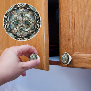 Bouton De Porte En Céramique Faux Abalone et Argent