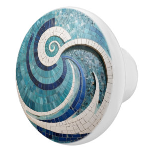 Bouton De Porte En Céramique Faux Mosaic Aqua Blue Swirling Ocean Sea Wave