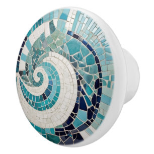 Bouton De Porte En Céramique Faux Mosaic Turquoise Bleu Océan Vague Abstraite