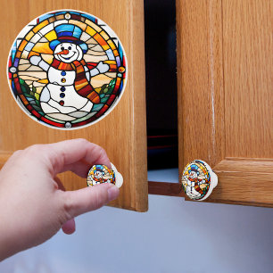 Bouton De Porte En Céramique Faux Stainverre Snowman