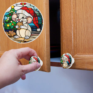 Bouton De Porte En Céramique Faux Verre Trait Noel Souris Manger Cookie