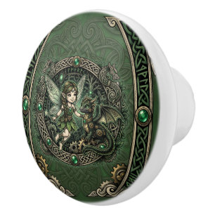 Bouton De Porte En Céramique Fée émeraude celtique et dragon – Fantaisie enchan