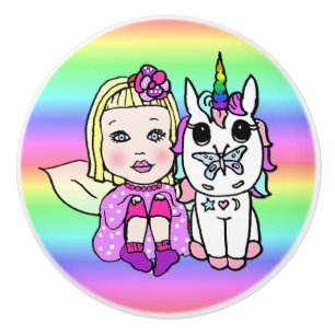 Bouton De Porte En Céramique Fée rose et licorne avec baguette Star Dust