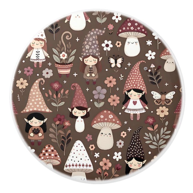 Bouton De Porte En Céramique Fées Gnomes Elfes Bruns Mignons Fantaisistes (Devant)