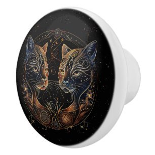 Bouton De Porte En Céramique Feline artistique Cercle Twin Cats