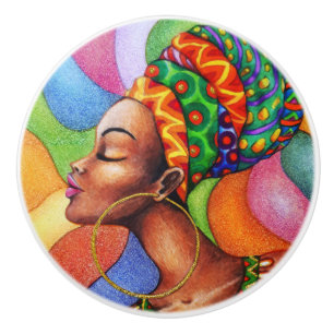 Bouton De Porte En Céramique Femme africaine avec cire tissu traditionnel