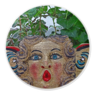 BOUTON DE PORTE EN CÉRAMIQUE FEMME FIGUREHEAD EN TÊTE DE FIGURE ROUGE / YEUX BL