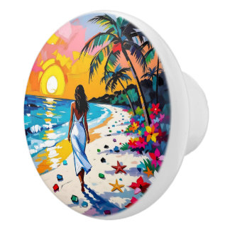 Bouton De Porte En Céramique Femme sur la plage Scène tropicale Personnalisée