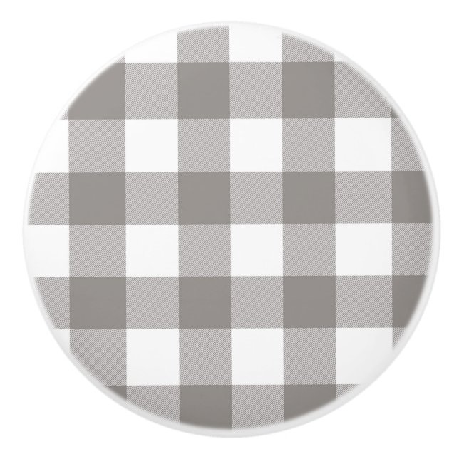 Bouton De Porte En Céramique Ferme Rustique Gris & Blanc Buffalo Plaid Carré (Devant)