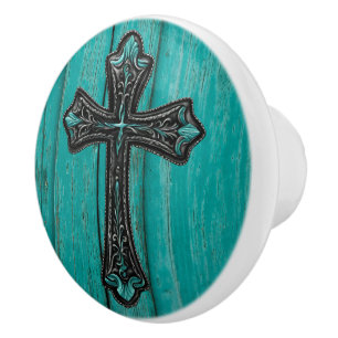 Bouton De Porte En Céramique Ferme Turquoise Turquoise Western Country Cross