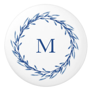 Bouton De Porte En Céramique Feuille d'aquarelle Indigo Wreath