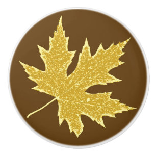 Bouton De Porte En Céramique Feuille de chêne - beige chameau et marron