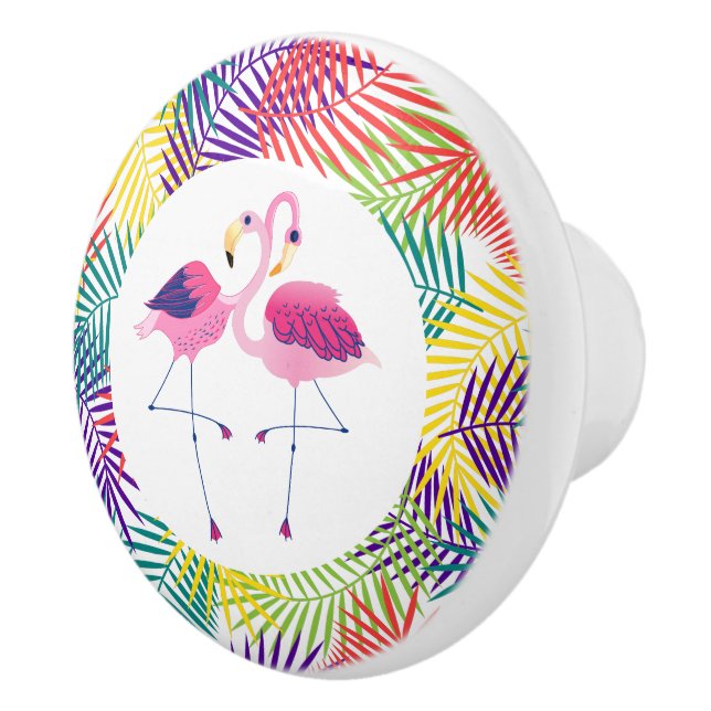 Bouton De Porte En Céramique Feuille de coco stylisée et Flamants roses roses (Droite)