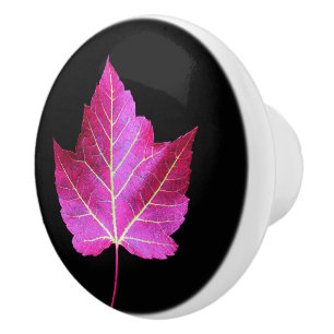 Bouton De Porte En Céramique Feuille de Maple Rouge d'Automne sur Fond Noir