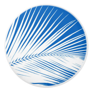 Bouton De Porte En Céramique Feuille de palme - blanc sur bleu cobalt