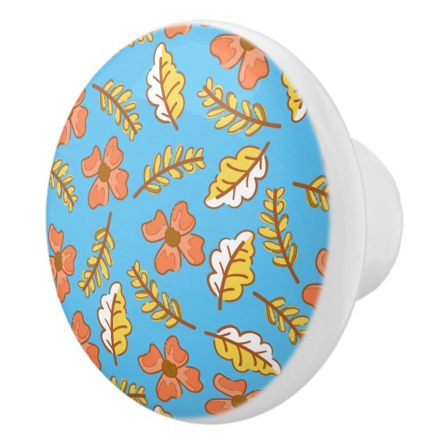 Bouton De Porte En Céramique Feuilles d'automne en chute chaude avec fleurs (Droite)