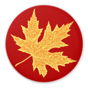Bouton De Porte En Céramique Feuilles de chêne - rouge profond et safran