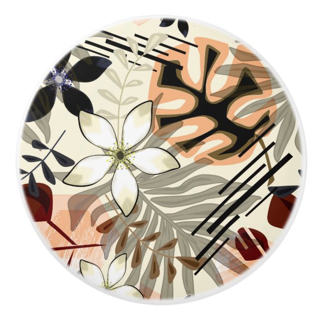 Bouton De Porte En Céramique Feuilles de palmiers et monstères, tropicaux (Devant)