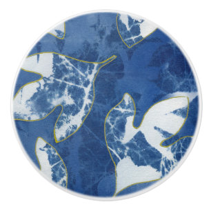 Bouton De Porte En Céramique Feuilles de Sassafras Bleu Or Cyanotype Décoratif