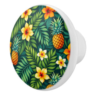 Bouton De Porte En Céramique Feuilles tropicales et motif ananas
