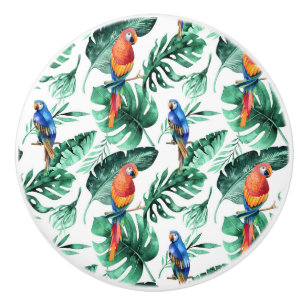 Bouton De Porte En Céramique Feuilles tropicales vertes et oiseaux été île
