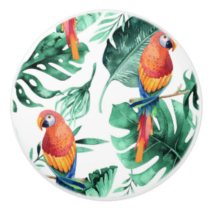 Bouton De Porte En Céramique Feuilles tropicales vertes et perroquets été île