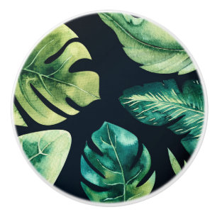 Bouton De Porte En Céramique Feuilles Tropicales Vertes Paradis Noir d'Été
